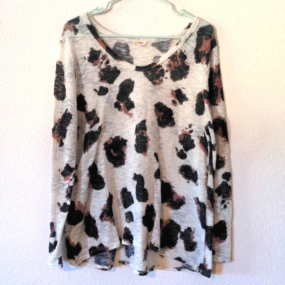 BiBi Animal Print Oversized Gauzy Sweater Top, White, black, brown, L